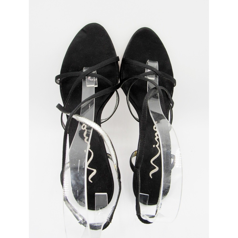 Nina Women's Strappy Black Fabric 3.5 Inch Heels Leather Soles Size 7M